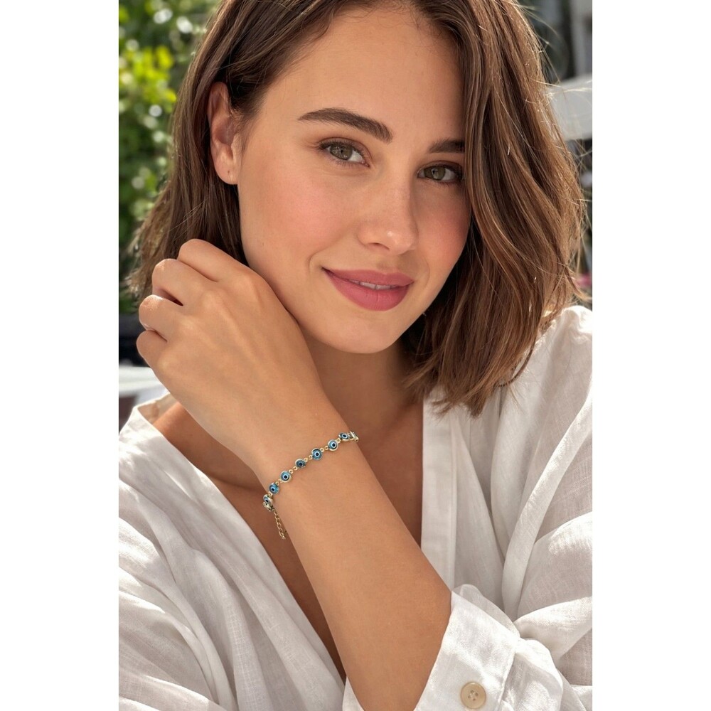 Blue Evil Eye Bracelet Gold Tone Turkish Nazar Charm Protection Adjustable